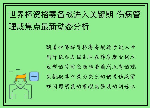 世界杯资格赛备战进入关键期 伤病管理成焦点最新动态分析