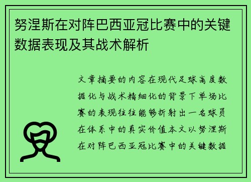 努涅斯在对阵巴西亚冠比赛中的关键数据表现及其战术解析 努涅斯在对阵巴西亚冠比赛中的关键数据表现及其战术解析